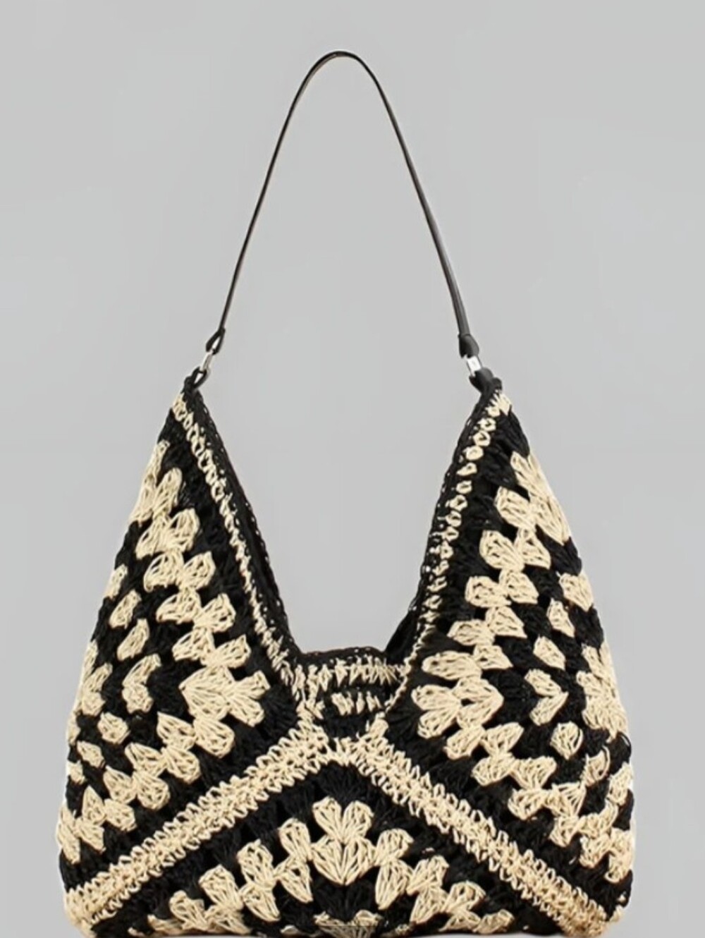 Commense Crochet Straw Shoulder Bag Black Tan OS NWT - Picture 2 of 10